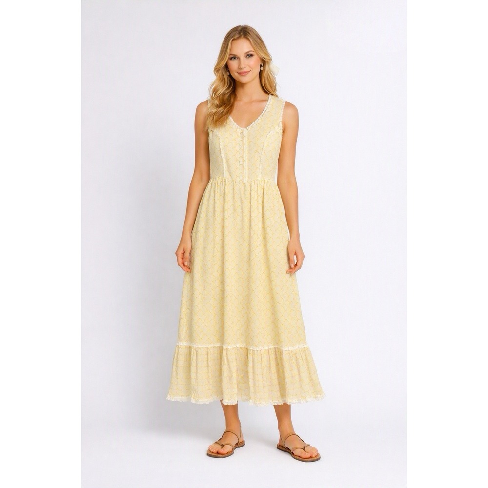 Handmade Floral Chiffon Maxi Prairie Dress Yellow Vintage